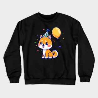 Cute Shiba Inu Dog Birthday Party With Balloon Cartoon Crewneck Sweatshirt